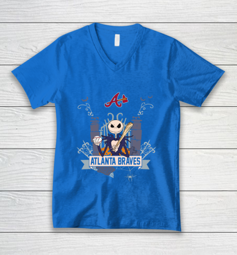 MLB Atlanta Braves Baseball Jack Skellington Halloween V-Neck T-Shirt 5