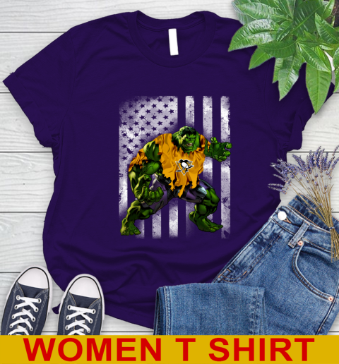 Pittsburgh Penguins Hulk Marvel Avengers NHL Hockey American Flag Women's T-Shirt 4