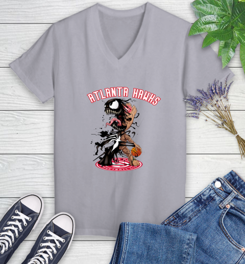 NBA Atlanta Hawks Basketball Venom Groot Guardians Of The Galaxy Women's V-Neck T-Shirt 4