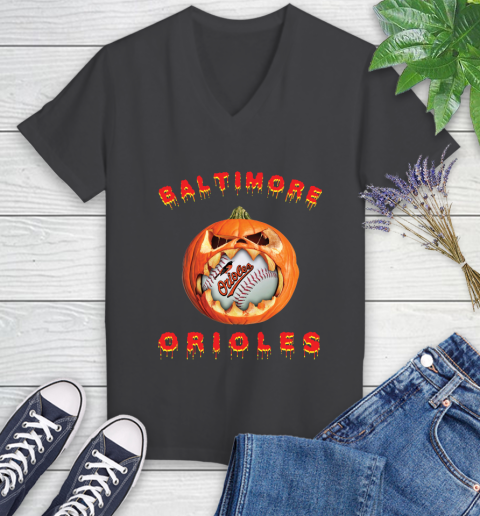 MLB Baltimore Orioles Halloween Pumpkin Baseball Sports Women's V-Neck T-Shirt 8