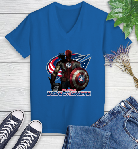 NHL Captain America Thor Spider Man Hawkeye Avengers Endgame Hockey Columbus Blue Jackets Women's V-Neck T-Shirt 10