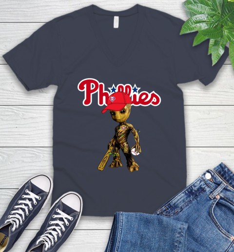 MLB Philadelphia Phillies Groot Guardians Of The Galaxy Baseball V-Neck T-Shirt 9