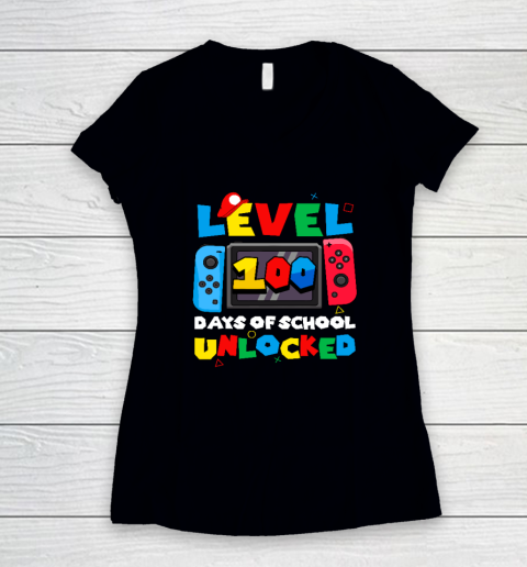 Game Controller Level 100 Days Of School Unlocked Women's V-Neck T-Shirt