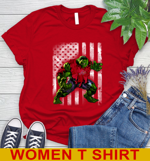 Atlanta Braves Hulk Marvel Avengers MLB Baseball American Flag Women's T-Shirt 11