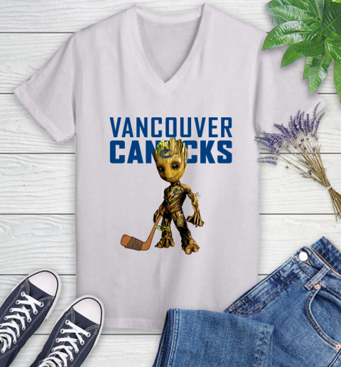 Vancouver Canucks NHL Hockey Groot Marvel Guardians Of The Galaxy Women's V-Neck T-Shirt