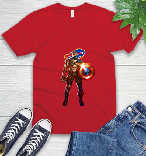 NFL Captain America Marvel Avengers Endgame Football Sports Buffalo Bills V-Neck T-Shirt 7