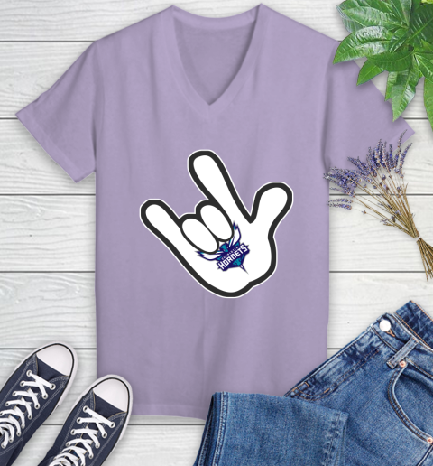 Charlotte Hornets NBA Basketball Mickey Rock Hand Disney Women's V-Neck T-Shirt 14