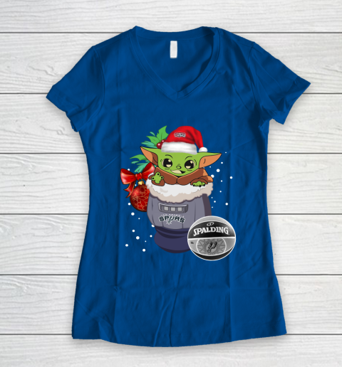 San Antonio Spurs Christmas Baby Yoda Star Wars Funny Happy NBA Women's V-Neck T-Shirt 9