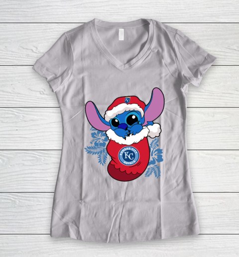 Kansas City Royals Christmas Stitch In The Sock Funny Disney MLB Women's V-Neck T-Shirt 2