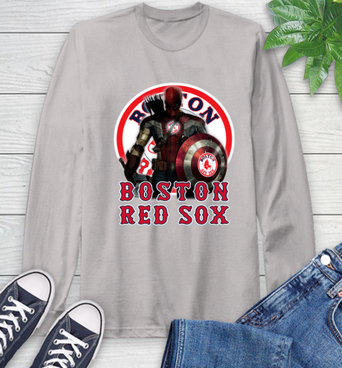 MLB Captain America Thor Spider Man Hawkeye Avengers Endgame Baseball Boston Red Sox Long Sleeve T-Shirt 12