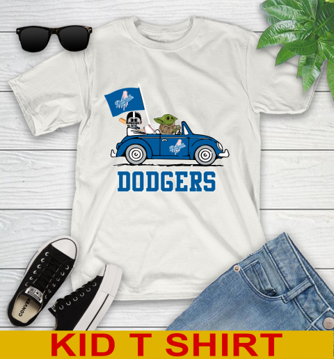 MLB Baseball Los Angeles Dodgers Darth Vader Baby Yoda Driving Star Wars Shirt Youth T-Shirt