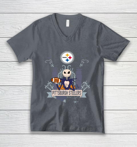 NFL Pittsburgh Steelers Football Jack Skellington Halloween V-Neck T-Shirt 4