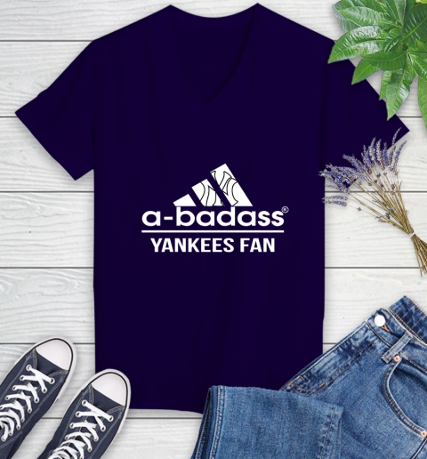 MLB A Badass New York Yankees Fan Adidas Baseball Sports Women's V-Neck T-Shirt 3