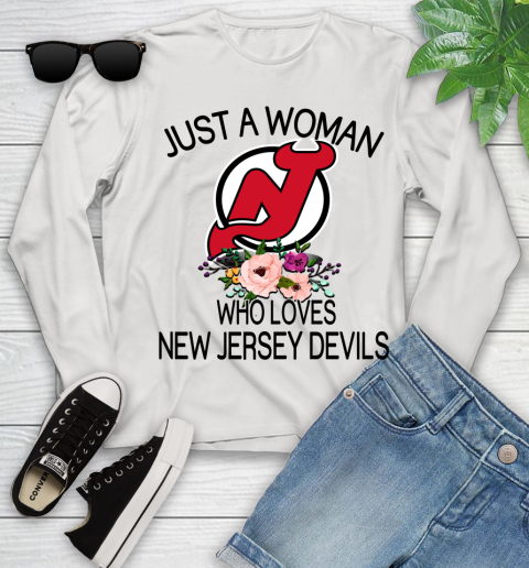 NHL Just A Woman Who Loves New Jersey Devils Hockey Sports Youth Long Sleeve