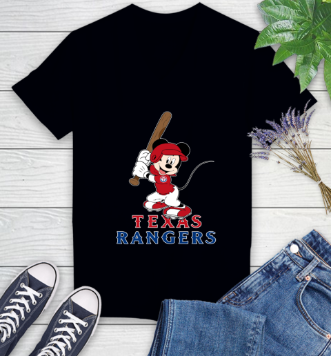 MLB Baseball Texas Rangers Cheerful Mickey Mouse Shirt Women's V-Neck T-Shirt