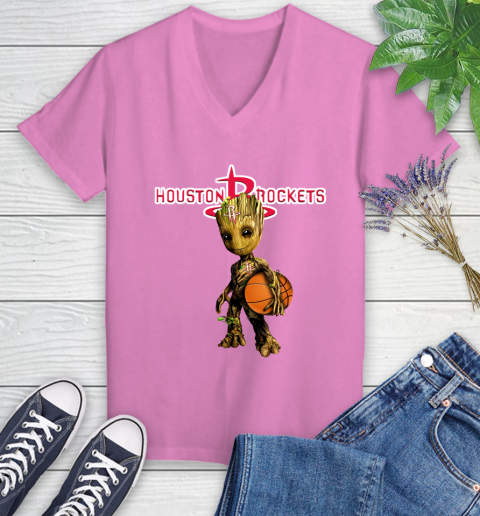 Houston Rockets NBA Basketball Groot Marvel Guardians Of The Galaxy Women's V-Neck T-Shirt 14