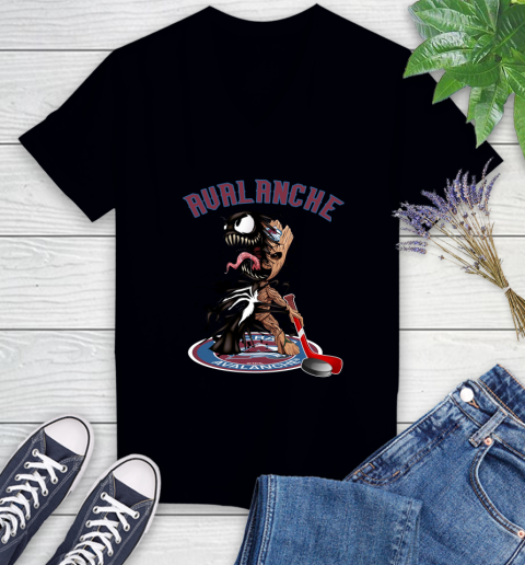 NHL Colorado Avalanche Hockey Venom Groot Guardians Of The Galaxy Women's V-Neck T-Shirt 2