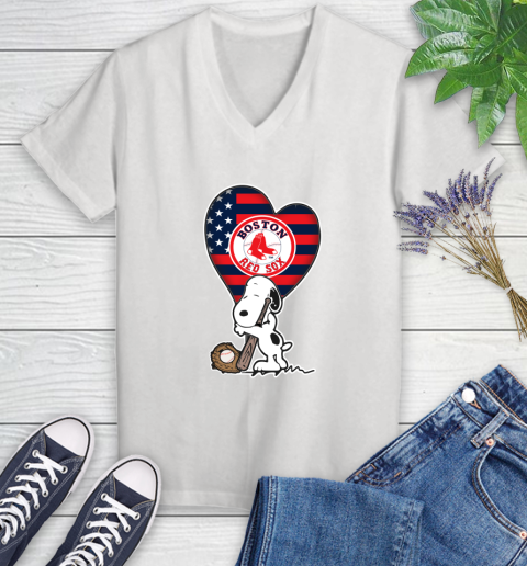 Boston Red Sox MLB Baseball The Peanuts Movie Adorable Snoopy Women's V-Neck T-Shirt
