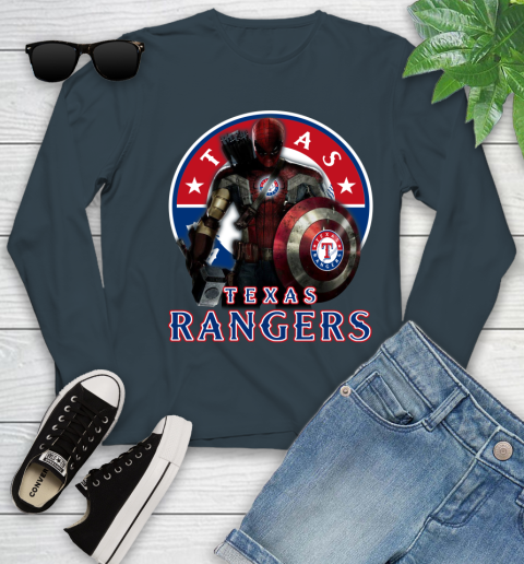 MLB Captain America Thor Spider Man Hawkeye Avengers Endgame Baseball Texas Rangers Youth Long Sleeve 8