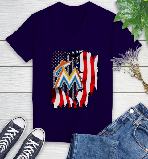 Miami Marlins MLB Baseball American Flag Women's V-Neck T-Shirt 3