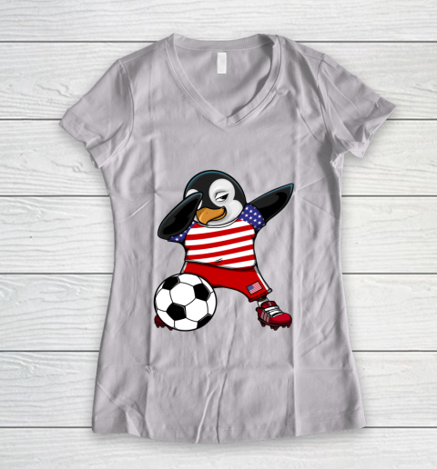 Dabbing Penguin America Soccer Fans Jersey Football Lover Women's V-Neck T-Shirt