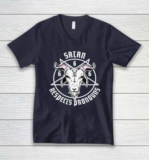 Satan Respects Pronouns Transgender Pentagram Trans Flag V-Neck T-Shirt 2