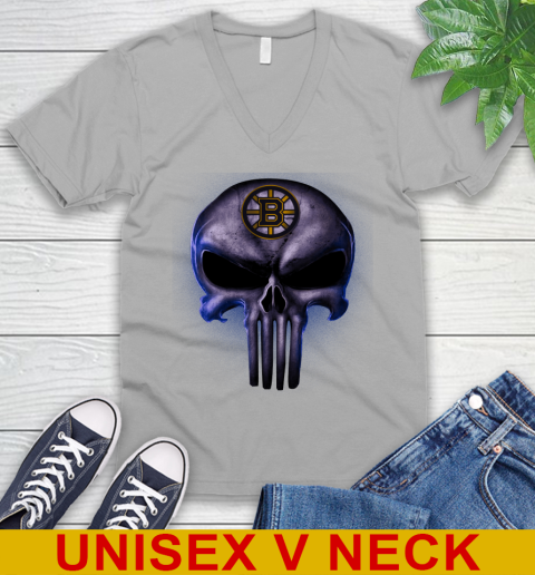 Boston Bruins NHL Hockey Punisher Skull Sports V-Neck T-Shirt 3