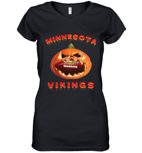 NFL Minnesota Vikings Halloween Pumpkin Football Sports u9ksxn7vuy6 women v neck t shirt 39 95 151514 front black