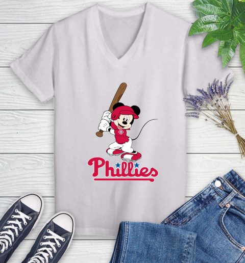 MLB Baseball Philadelphia Phillies Cheerful Mickey Mouse Shirt Women's V-Neck T-Shirt 2