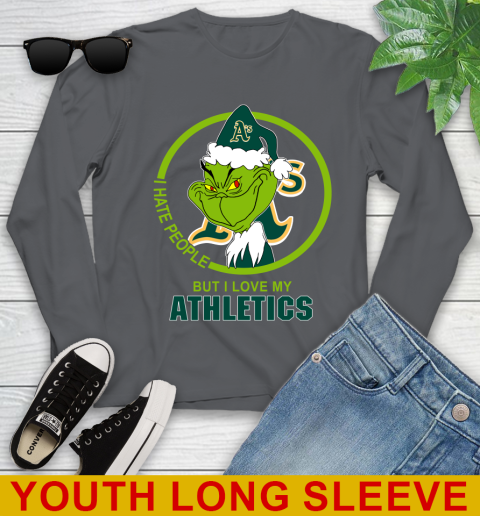 Oakland Athletics MLB Christmas Grinch I Hate People But I Love My Favorite Baseball Team Youth Long Sleeve 9