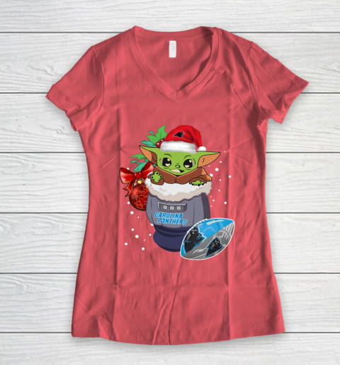 Carolina Panthers Christmas Baby Yoda Star Wars Funny Happy NFL Women's V-Neck T-Shirt 6