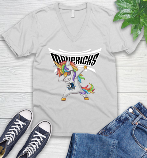 Dallas Mavericks NBA Basketball Funny Unicorn Dabbing Sports V-Neck T-Shirt