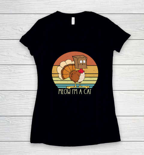 Thanksgiving Funny Turkey Fake Cat Retro Women's V-Neck T-Shirt