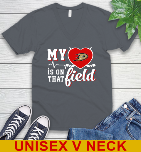NHL My Heart Is On That Field Hockey Sports Anaheim Ducks V-Neck T-Shirt 4