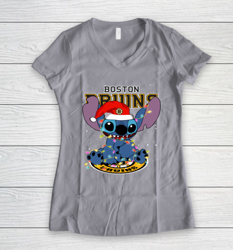 Boston Bruins NHL Hockey noel stitch Christmas Women's V-Neck T-Shirt 2