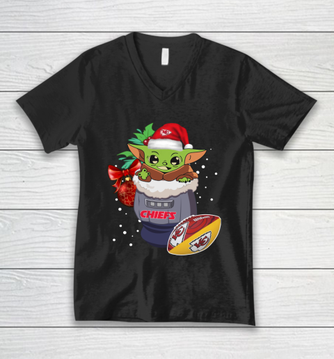 Kansas City Chiefs Christmas Baby Yoda Star Wars Funny Happy NFL V-Neck T-Shirt