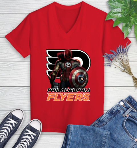 NHL Captain America Thor Spider Man Hawkeye Avengers Endgame Hockey Philadelphia Flyers Women's V-Neck T-Shirt 12