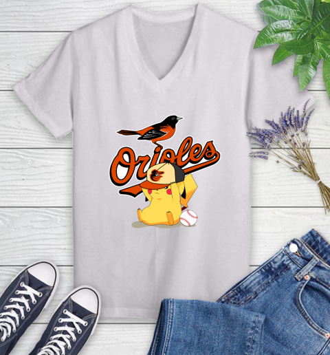 MLB Pikachu Baseball Sports Baltimore Orioles Women's V-Neck T-Shirt