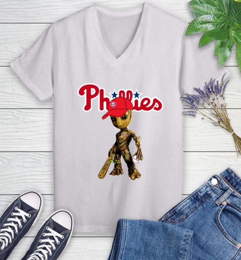 MLB Philadelphia Phillies Groot Guardians Of The Galaxy Baseball Women's V-Neck T-Shirt