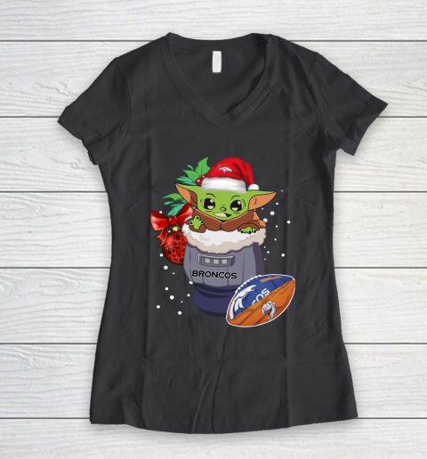 Denver Broncos Christmas Baby Yoda Star Wars Funny Happy NFL Women's V-Neck T-Shirt 8