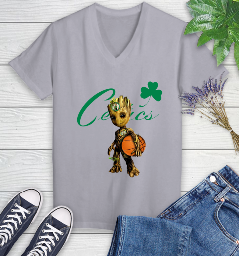 Boston Celtics NBA Basketball Groot Marvel Guardians Of The Galaxy Women's V-Neck T-Shirt 4