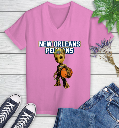 New Orleans Pelicans NBA Basketball Groot Marvel Guardians Of The Galaxy Women's V-Neck T-Shirt 14