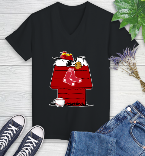 MLB Boston Red Sox Snoopy Woodstock The Peanuts Movie Baseball T Shirt Women's V-Neck T-Shirt 2