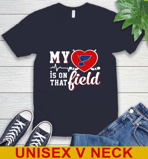NHL My Heart Is On That Field Hockey Sports St.Louis Blues V-Neck T-Shirt 2