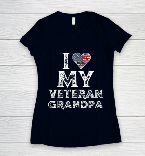 I Love My Veteran Grandpa Vintage Veteran's Day Women's V-Neck T-Shirt 2