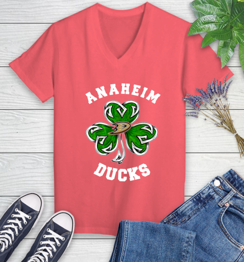 NHL Anaheim Ducks Three Leaf Clover St Patrick's Day Hockey Sports Women's V-Neck T-Shirt 6