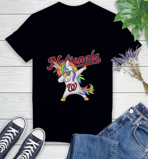 Washington Nationals MLB Baseball Funny Unicorn Dabbing Sports Women's V-Neck T-Shirt 2
