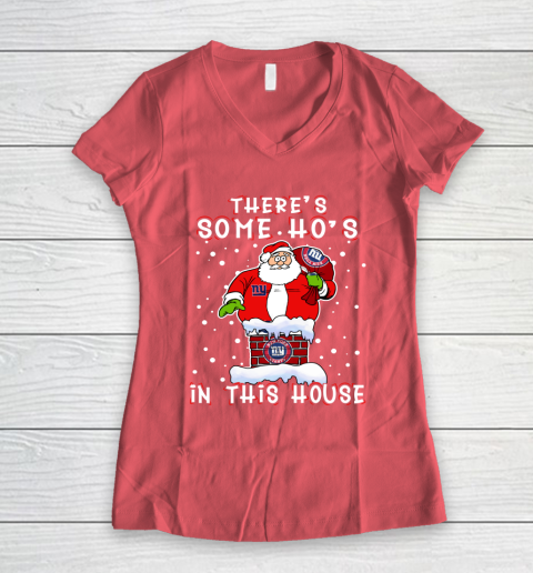 New York Giants Christmas There Is Some Hos In This House Santa Stuck In The Chimney NFL Women's V-Neck T-Shirt 4