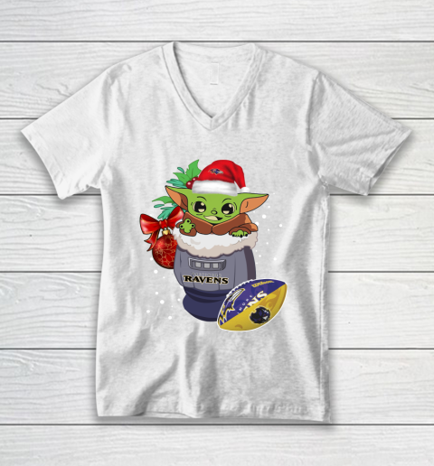 Baltimore Ravens Christmas Baby Yoda Star Wars Funny Happy NFL V-Neck T-Shirt 2