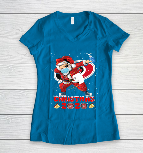 Carolina Hurricanes Funny Santa Claus Dabbing Christmas 2020 NHL Women's V-Neck T-Shirt 5
